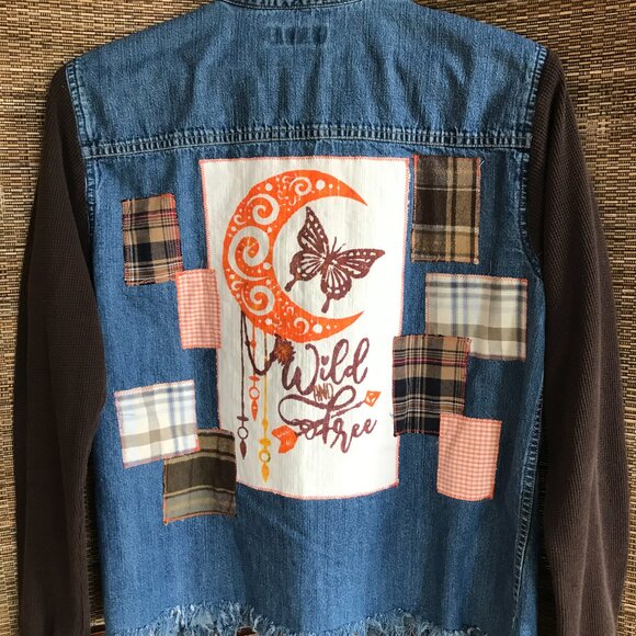 Upcycled Jean Shirt, Size M: Painted Wild Free Moon Graphic, Patchwork Jacket - Picture 6 of 13
